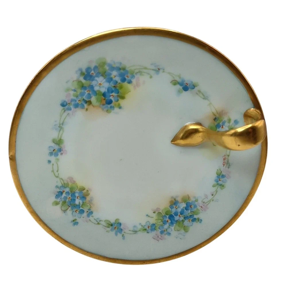 Antique‎ Bavaria Nappy Lemon Dish Blue Hand Painted Floral Gold Trim Handle SEE